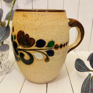 Vintage Mexican Folk Art  Pottery Tonala Sand Mug Vase With Floral Designs Marke